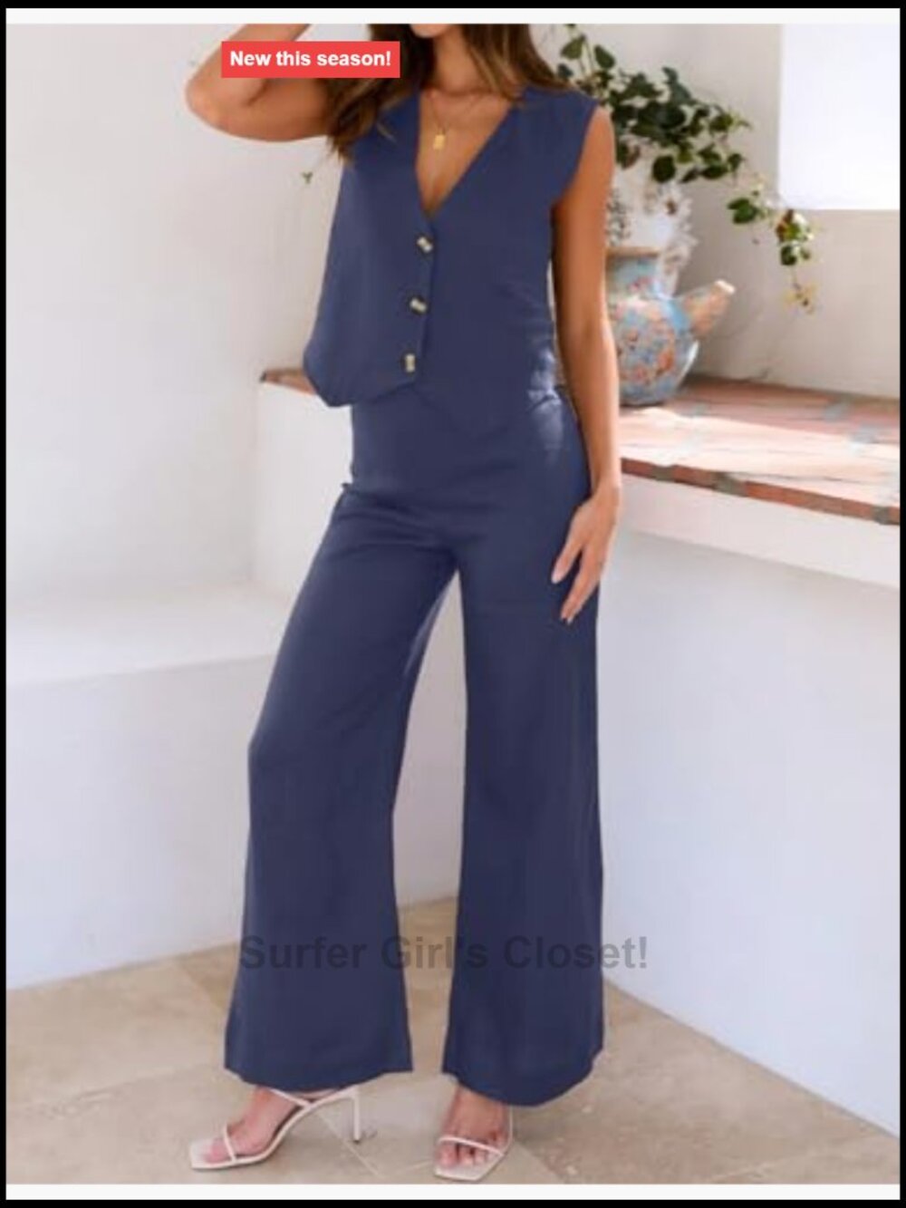 Women's 2 Piece Sleeveless Button Down Top & Wide Leg Pants Set - Picture 3 of 7